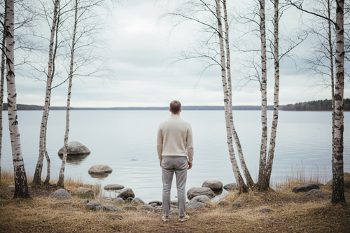 Generate a minimalist nordic style image that portrays a sense of motivation and inspiration. include 1 person where you cant see their face and use nature elements to enhance that sense of safety. beige white and light colors. make it relatable use a man