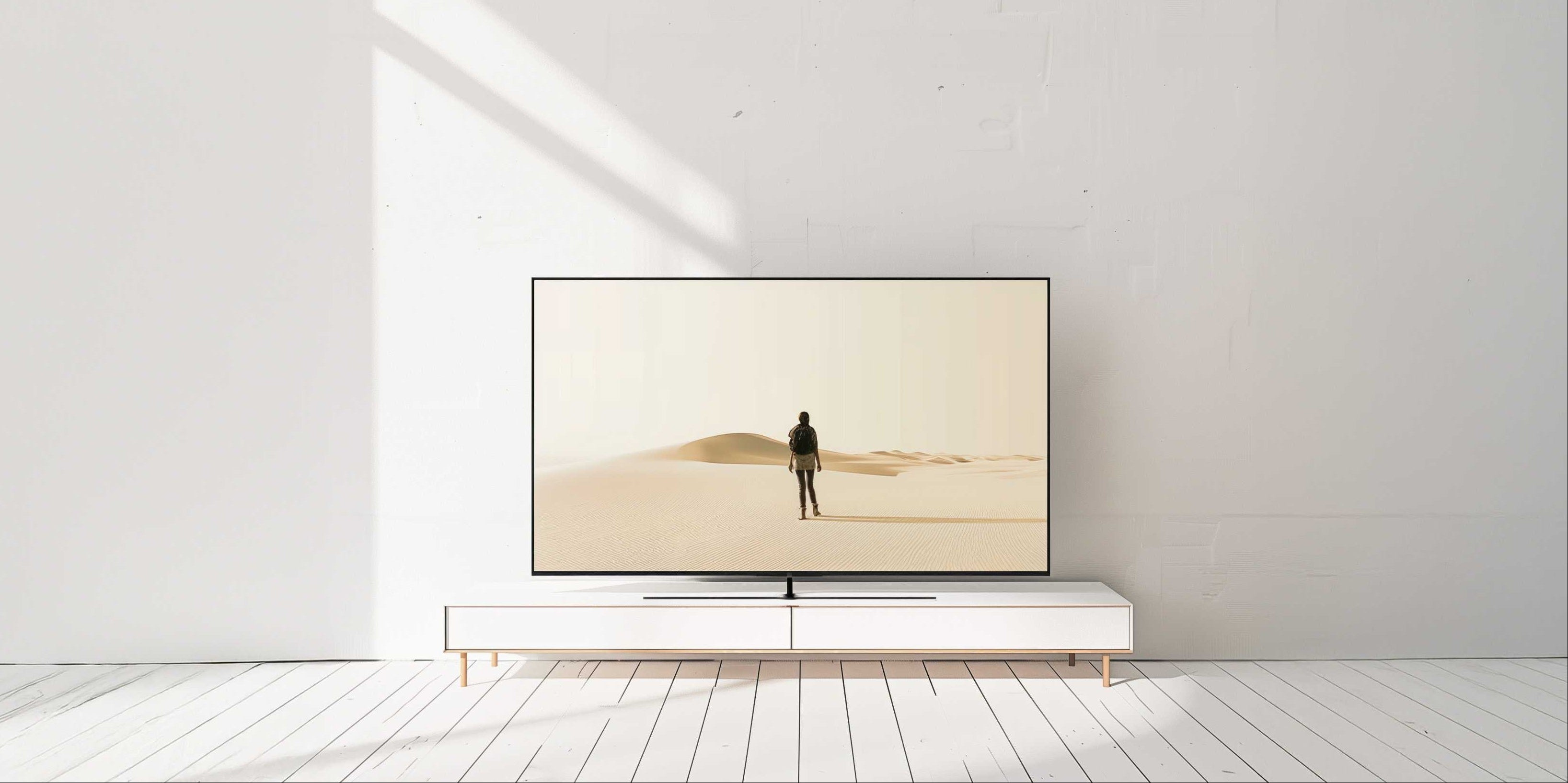 Modern TV mounted on a white wall with a minimalistic design.